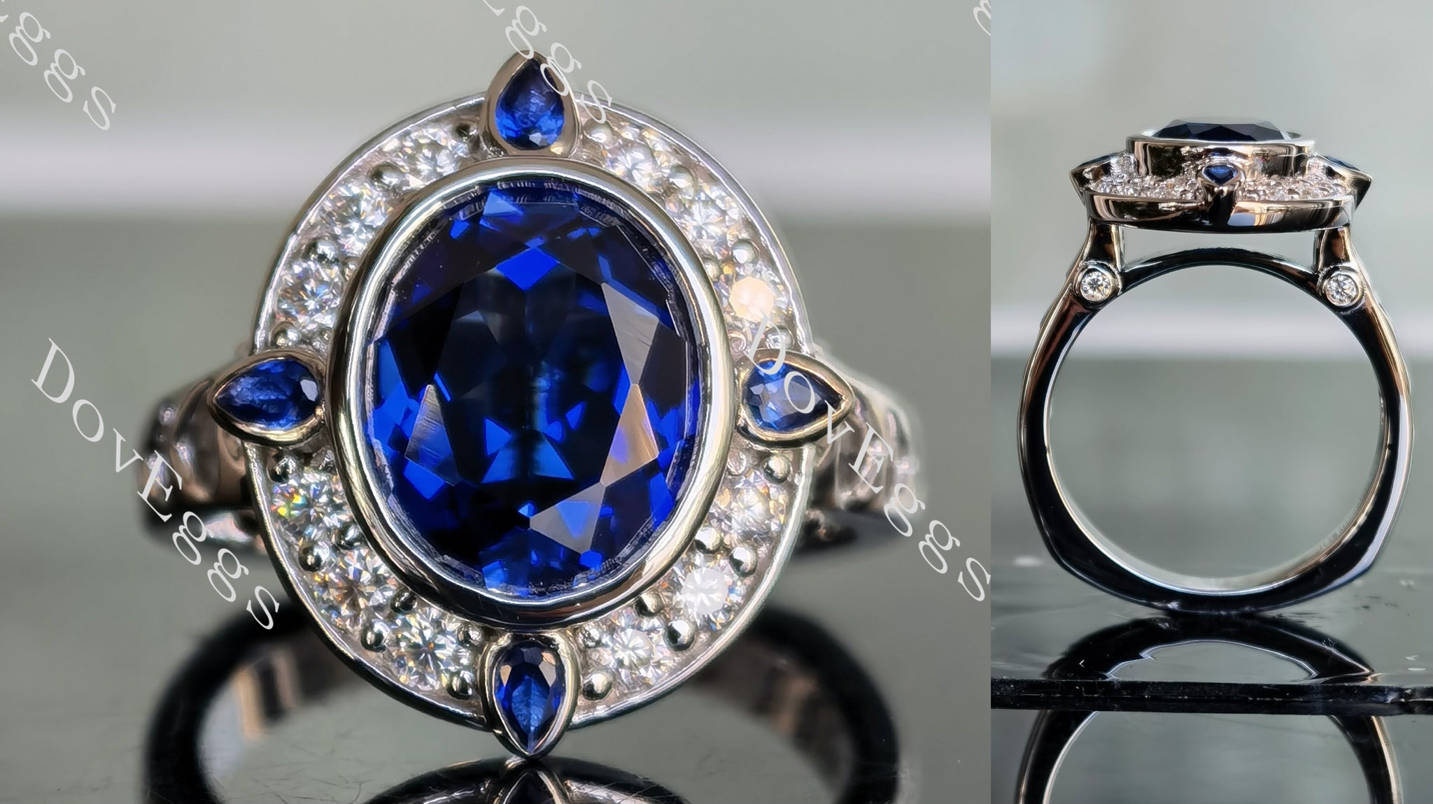 Torey oval halo blue sapphire colored gem & moissanite ring