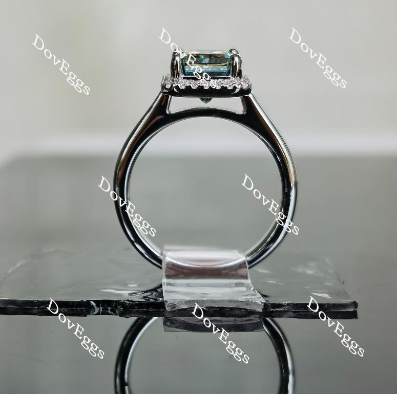 Doveggs cathedral peacock blue radiant halo moissanite engagement ring