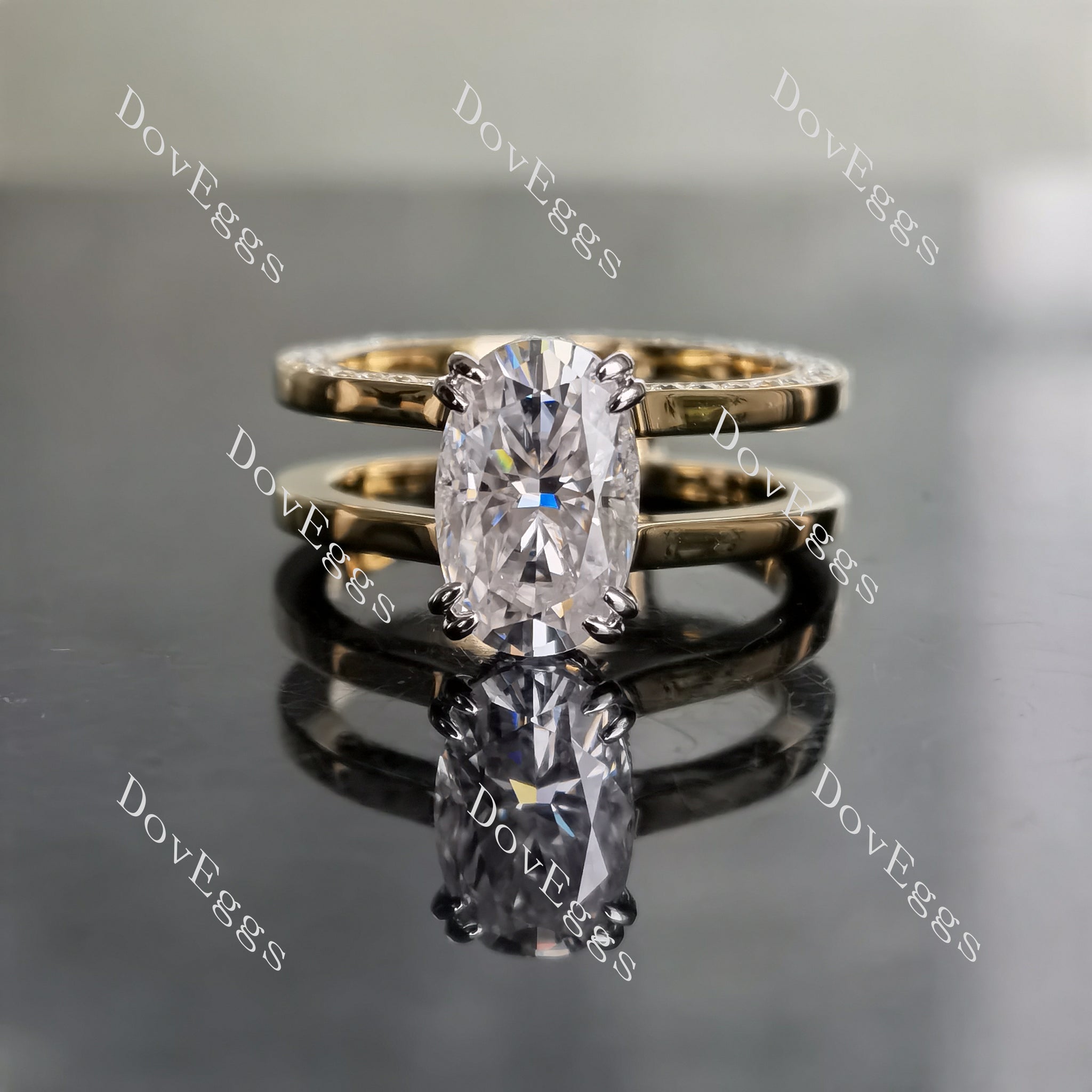 Doveggs elongated oval hidden halo moissanite engagement ring