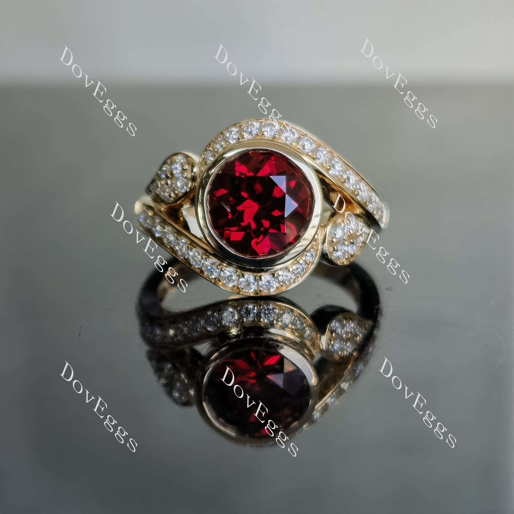 DovEggs round Astro bezel colored gem engagement ring