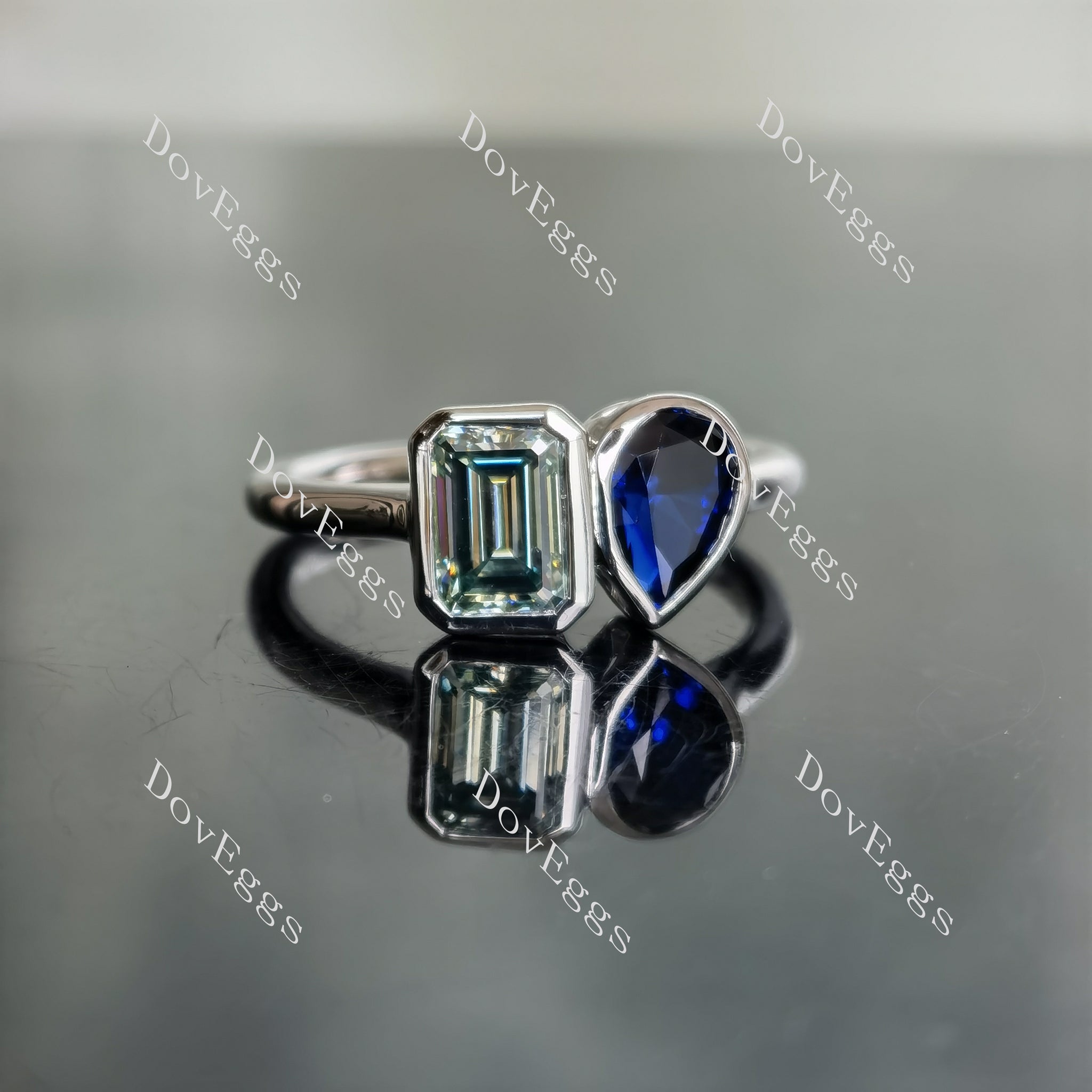 Doveggs emerald pear two stones bezel setting moissanite & colored gem ring