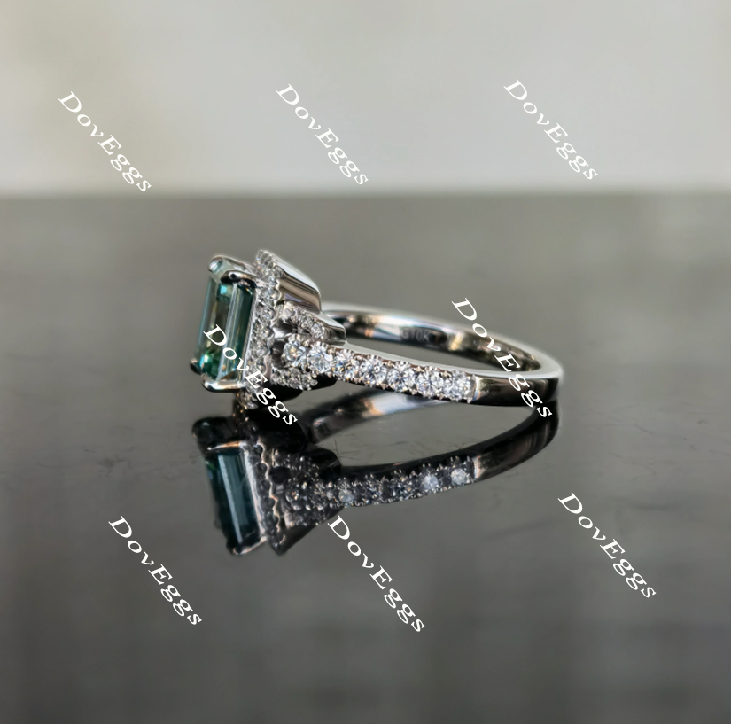 Doveggs Peacock blue half eternity pave halo emerald moissanite engagement ring