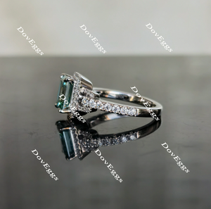 Doveggs peacock blue half eternity pave halo emerald colored moissanite engagement ring