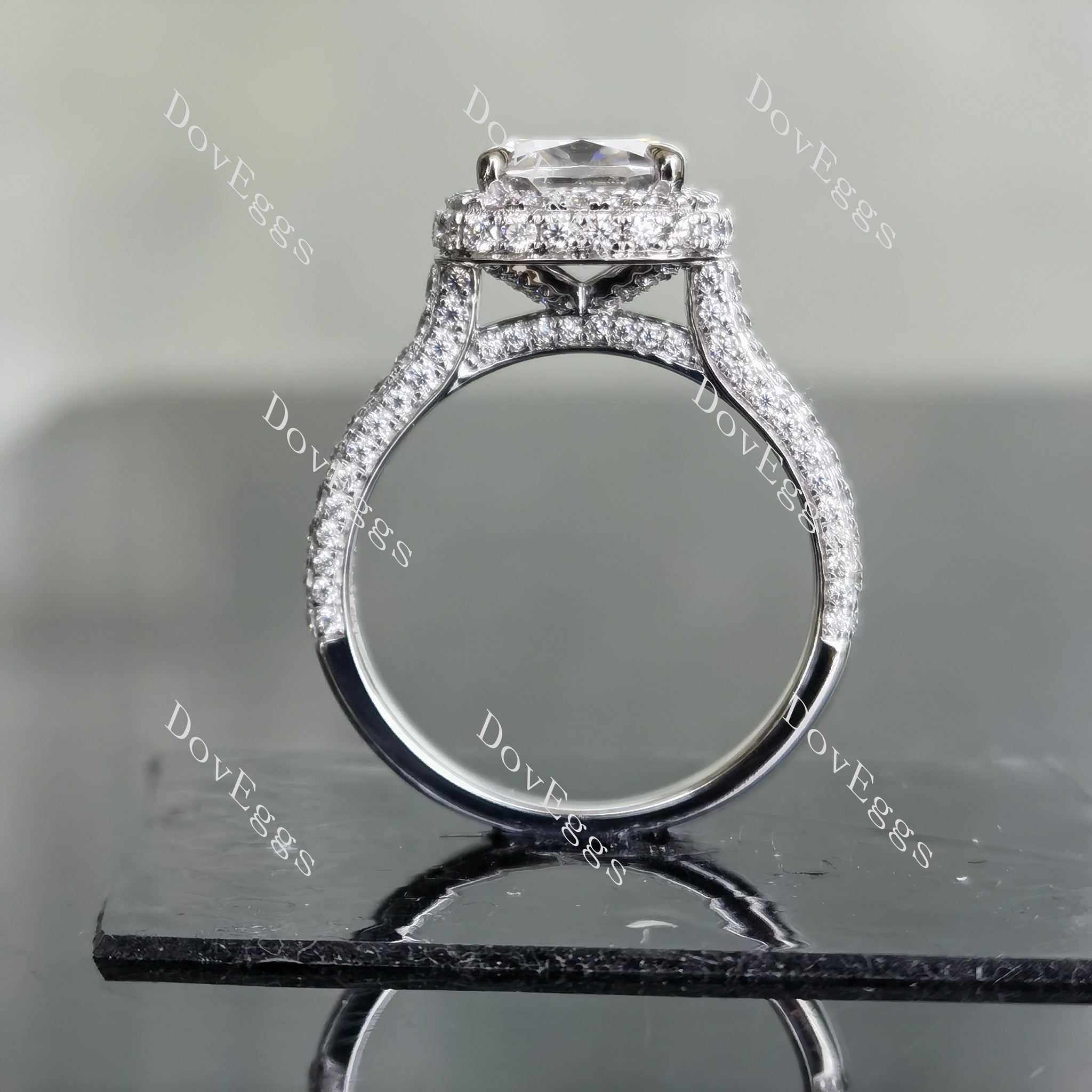 Doveggs cushion cathedral pave halo moissanite engagement ring