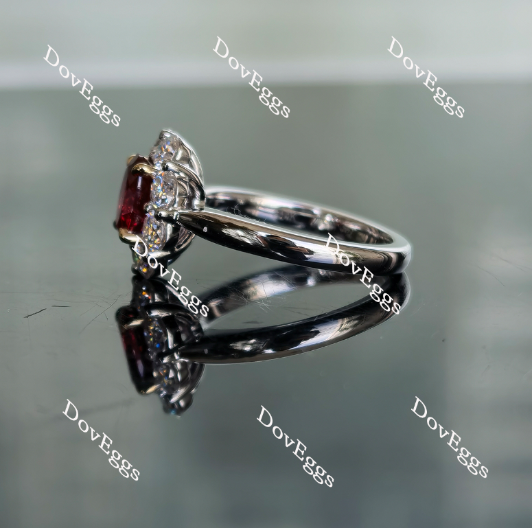 Doveggs oval shape halo vivid pigeon blood ruby colored gem ring