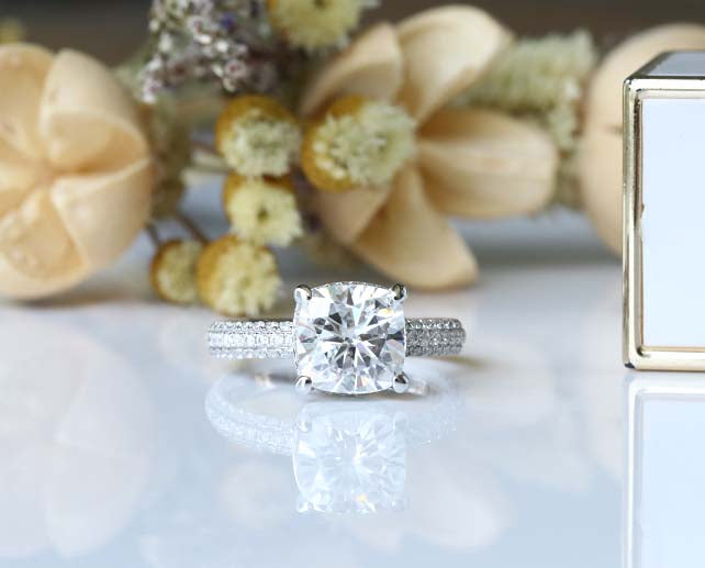 Doveggs cushion halo pave moissanite engagement ring