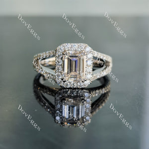 DovEggs emerald split shank halo pave moissanite engagement ring