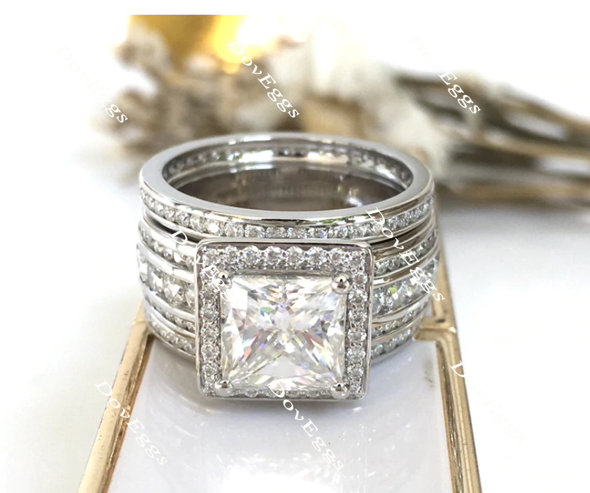 Doveggs princess halo half eternity channel set moissanite bridal set (3 rings)