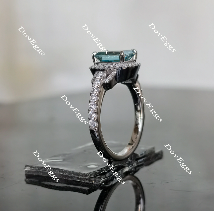 Doveggs Peacock blue half eternity pave halo emerald moissanite engagement ring