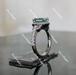 Doveggs peacock blue half eternity pave halo emerald colored moissanite engagement ring