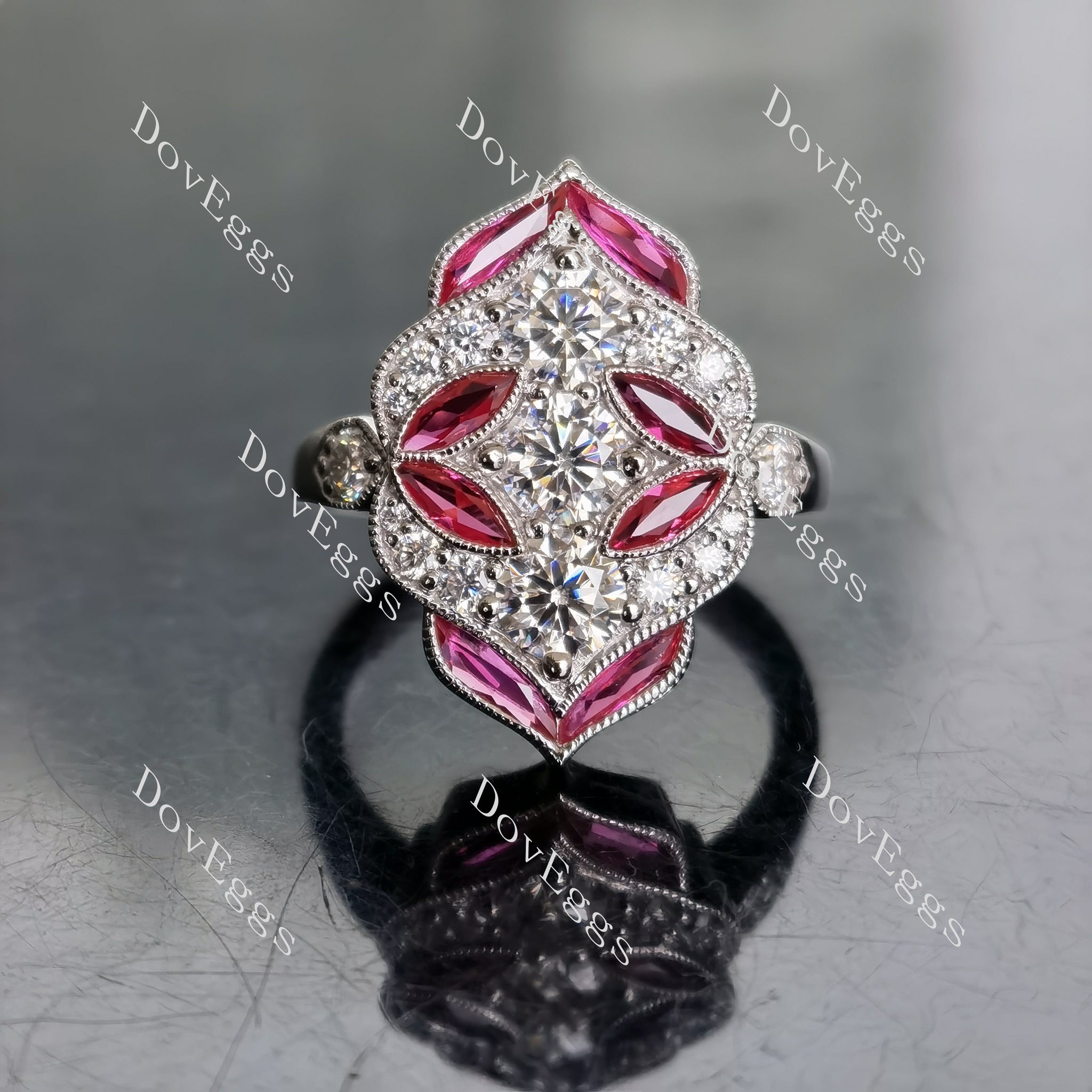 Doveggs round moissanite & marquise colored gem vintage wedding band