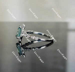 DovEggs Peacock blue art deco halo emerald moissanite engagement ring