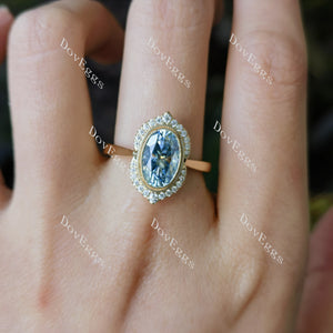 Doveggs oval flower shape halo Peacock blue moissanite engagement ring