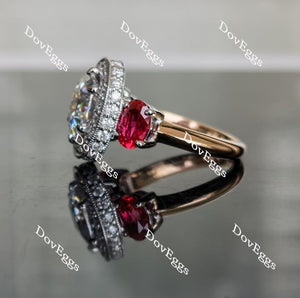 DovEggs oval vintage three-stone halo moissanite & colored gem engagement ring