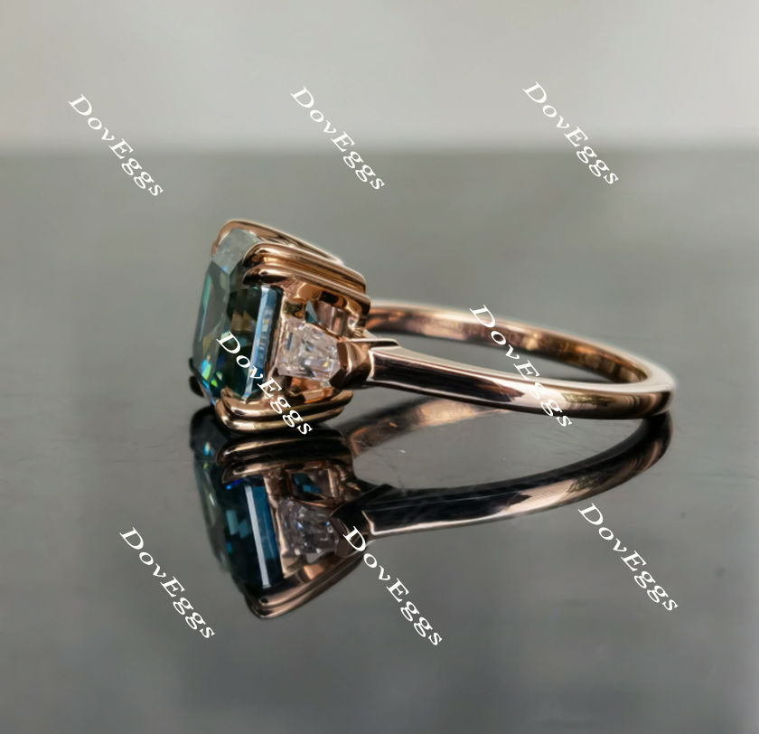 Doveggs Peacock blue asscher three stones moissanite engagement ring