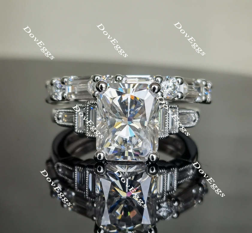 side stone radiant moissanite engagement ring