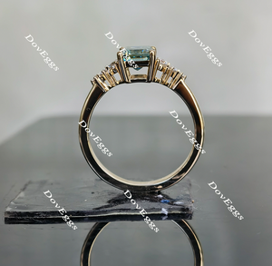 DovEggs peacock blue side stones emerald moissanite engagement ring