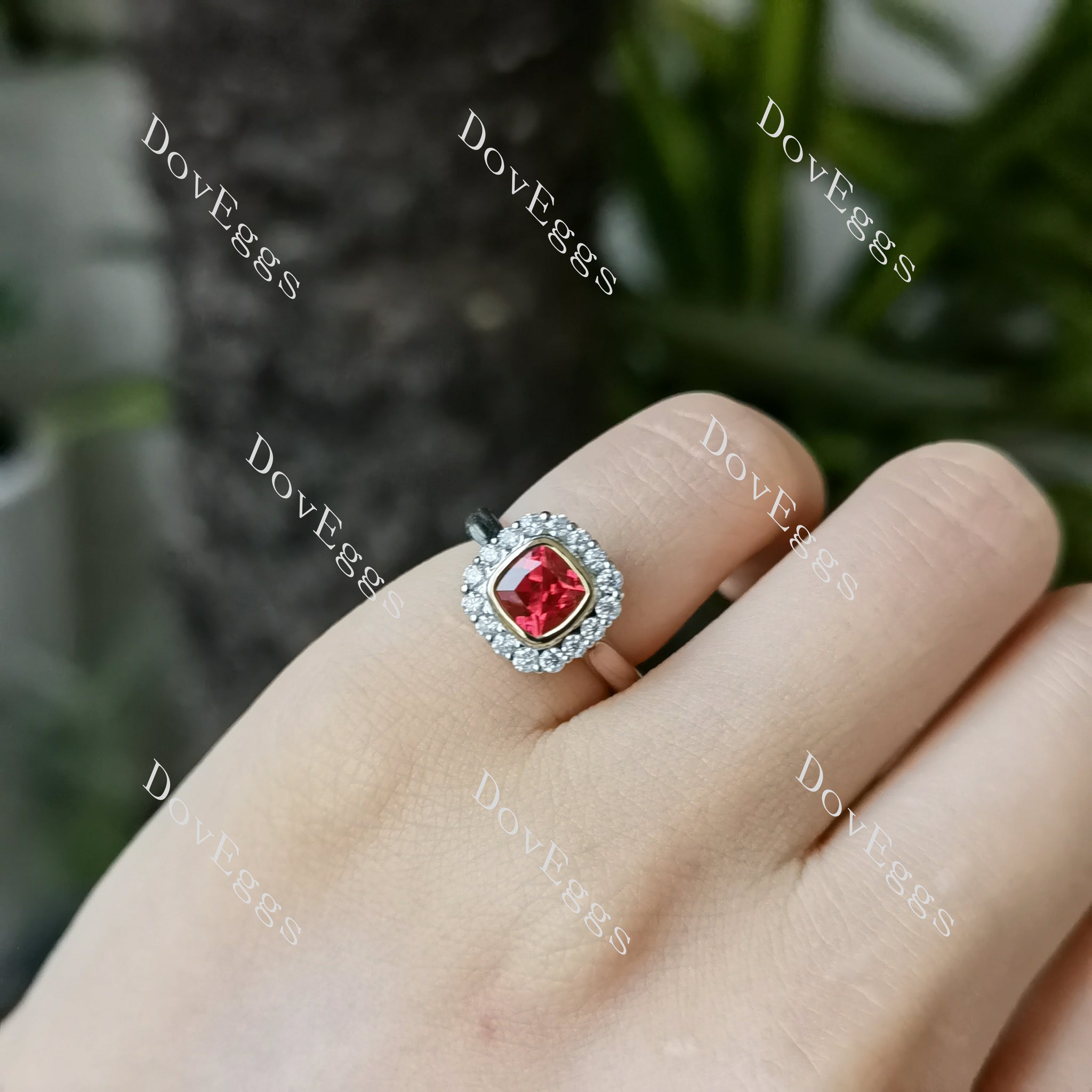 DovEggs cushion floral bezel halo ruby colored gem sterling silver engagement ring