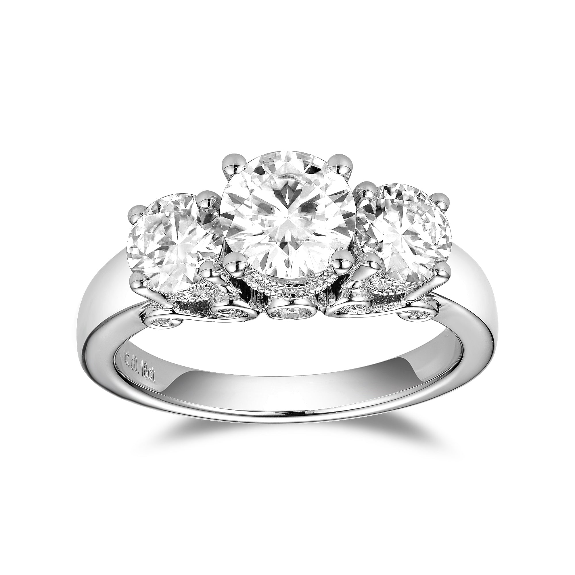 DovEggs sterling silver 2 carat three stone round moissanite engagement ring