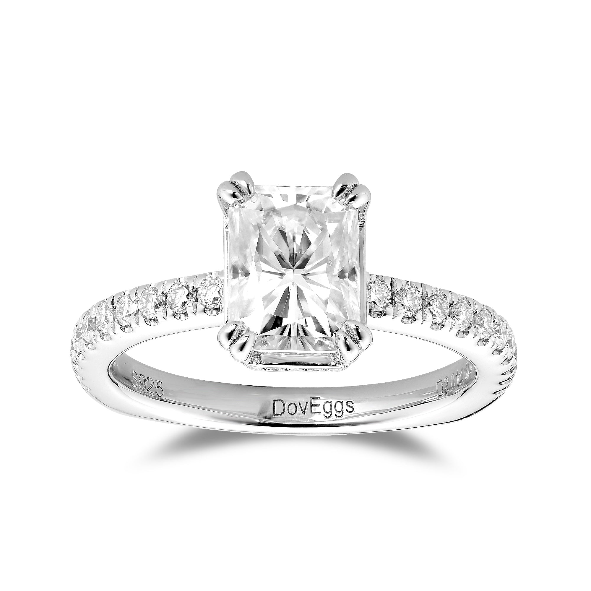 DovEggs sterling silver 2 carat radiant moissanite engagement ring