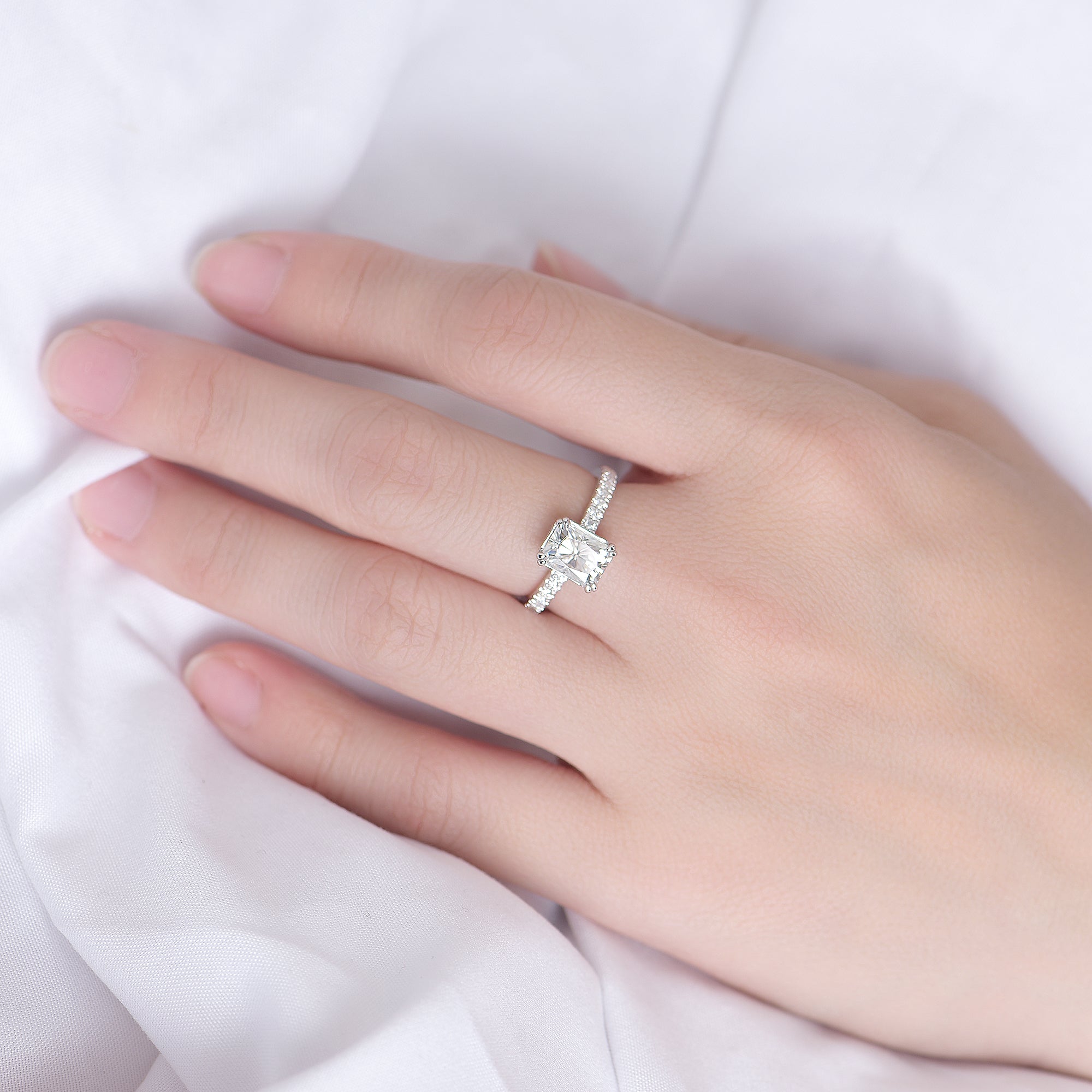 DovEggs sterling silver 2 carat radiant moissanite engagement ring
