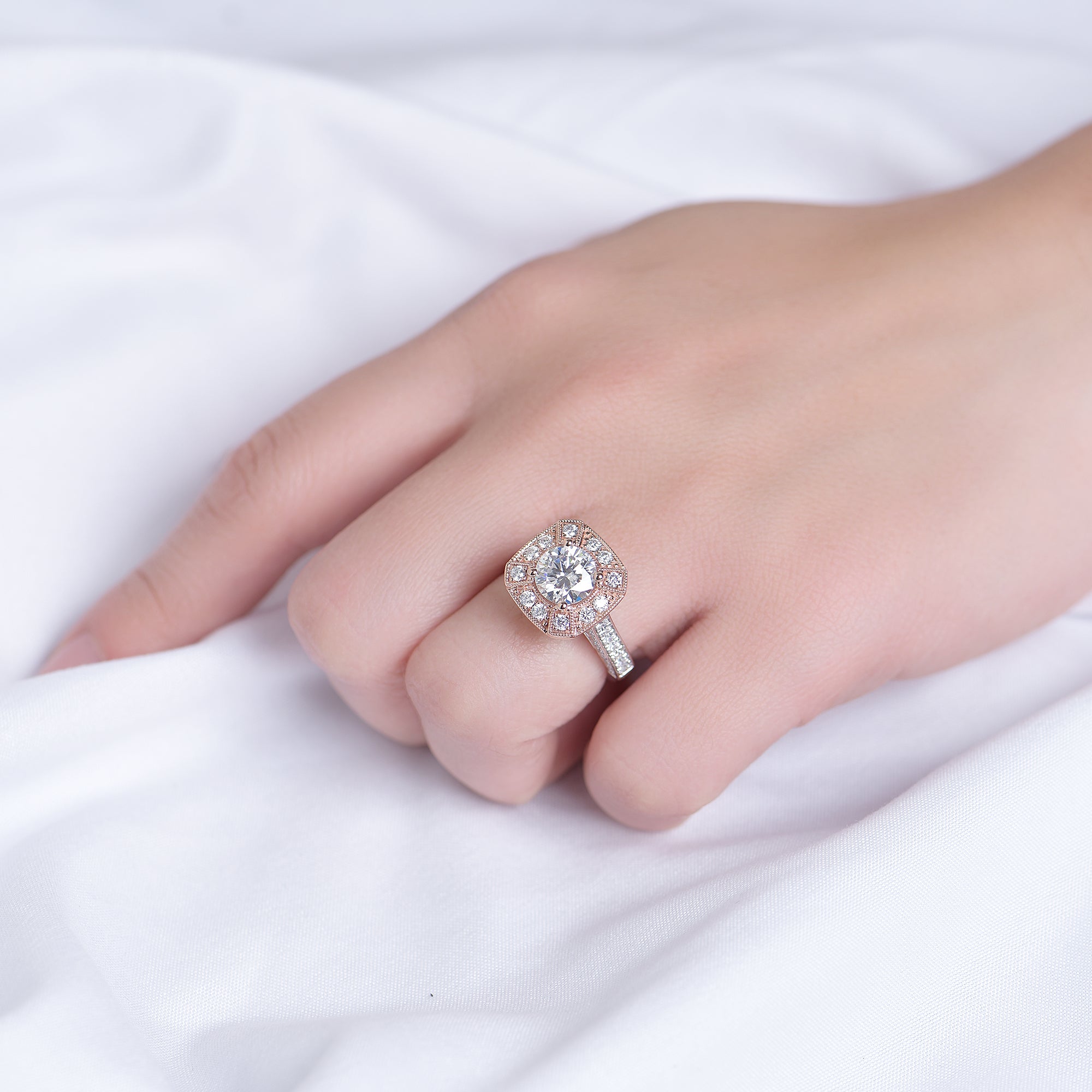 doveggs round flower shape moissanite engagement ring