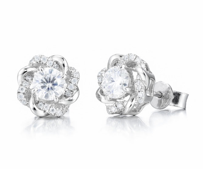 Round moissanite stud earrings push back pair front and side view