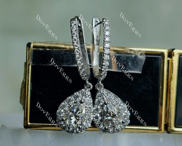 Pear halo drop moissanite earrings for women, front and side view