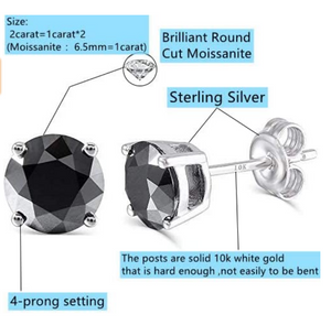 DovEggs 10K White Gold Post 2ctw-4ctw 6.5mm-8mm Black Moissanite Simulated Diamond Stud Earrings Strerling Silver Push Back for Women