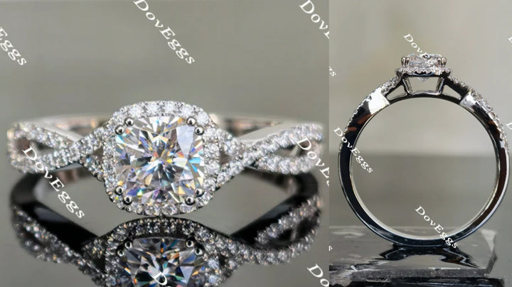 Cushion moissanite halo engagement ring front and side view