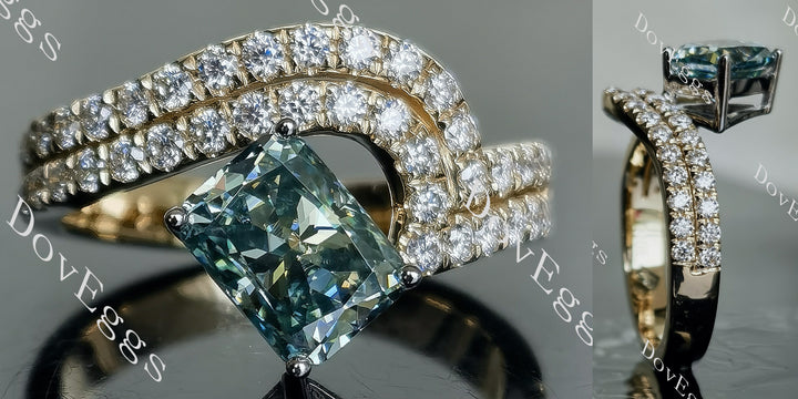 Peacock blue radiant moissanite ring with curved pave band, front and side view
