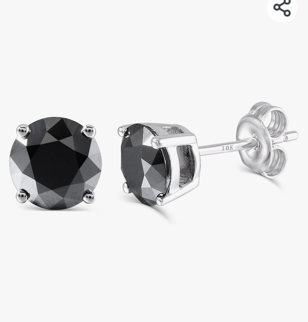 DovEggs 10K White Gold Post 2CTW 6.5MM Black Moissanite Simulated Diamond Stud Earrings Strerling Silver Push Back for Women