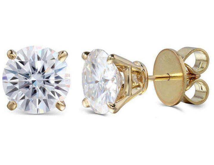 Round cut moissanite stud earrings shown from front and side