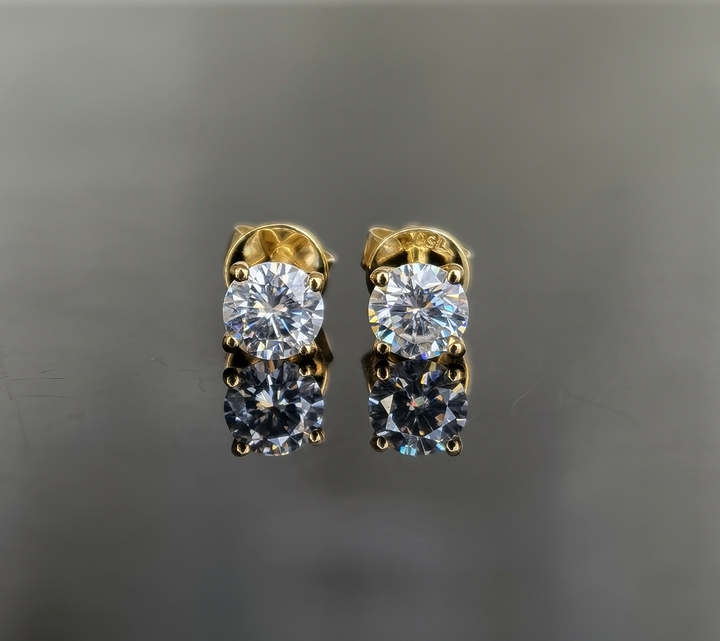 Front and side view of round moissanite solitaire stud earrings for women