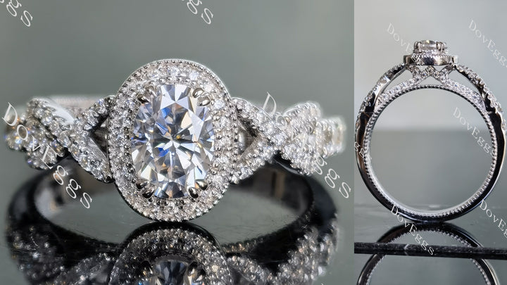 Oval art deco halo moissanite engagement ring main view| Doveggs