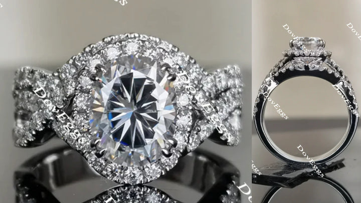 Oval twisted band setting halo moissanite engagement ring main view| Doveggs