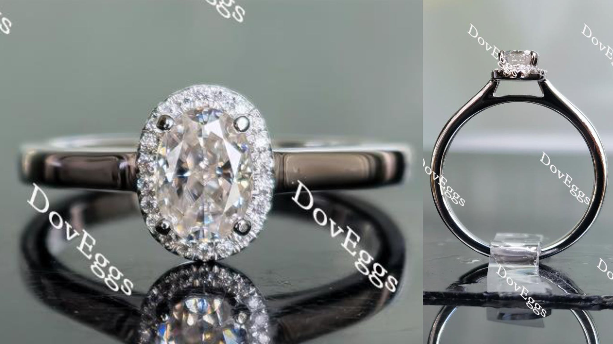 Oval cathedral halo moissanite engagement ring main view| DovEggs
