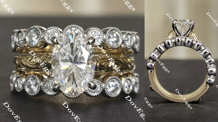 Oval art deco carved moissanite bridal set (2 rings) main view| Doveggs