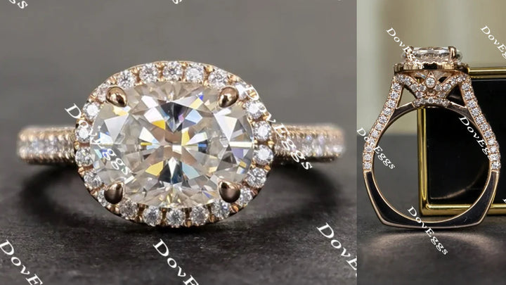 Oval art deco halo pave moissanite engagement ring main view| Doveggs