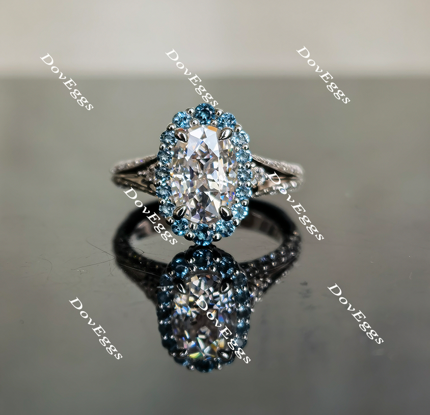 Oval art deco halo colored gem moissanite engagement ring main view| Doveggs