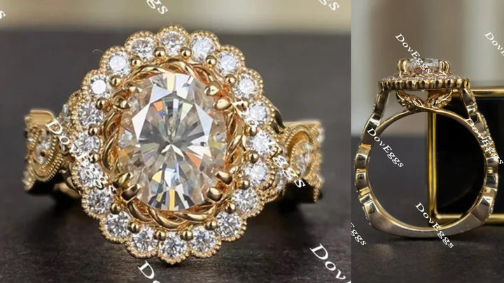Oval flower shape half eternity pave moissanite engagement ring main view| Doveggs