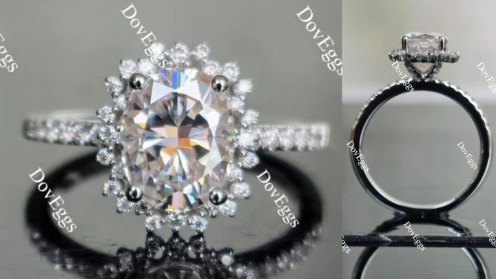 Oval flower shape half eternity pave moissanite engagement ring main view| Doveggs