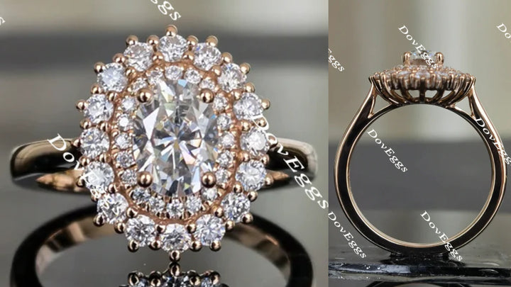 Oval flower shape halo moissanite engagement ring main view| Doveggs