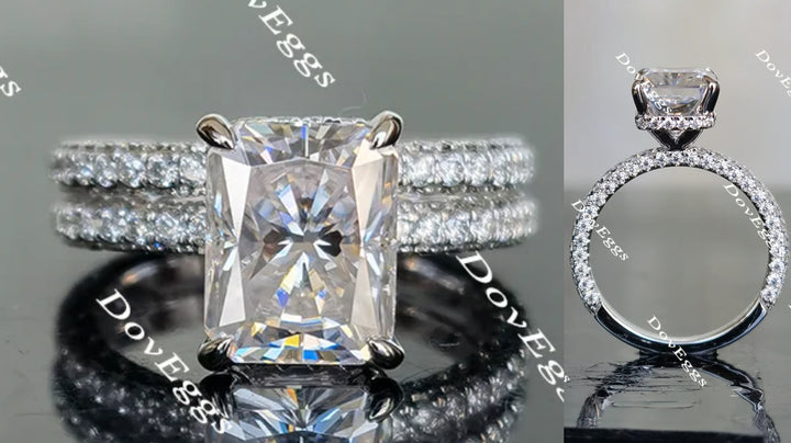Radiant cut moissanite bridal set with two rings, front and side view