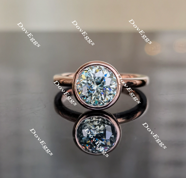 Peacock blue round moissanite bezel solitaire engagement ring front and side view