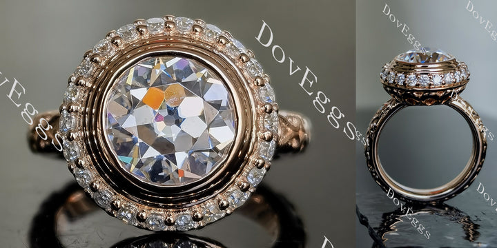 Round art deco vintage moissanite engagement ring front and side view