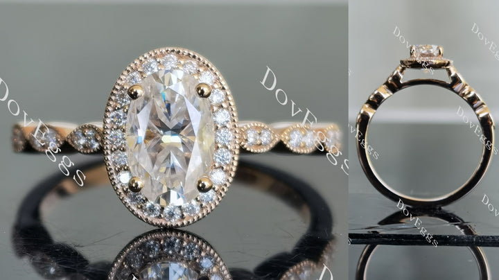 Oval art deco halo moissanite engagement ring main view| Doveggs