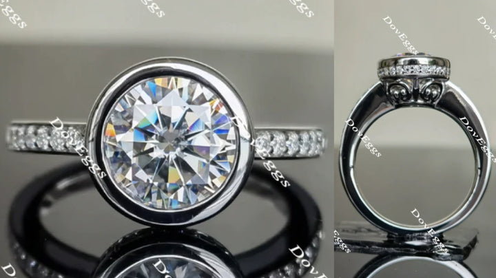 Round moissanite pave half eternity engagement ring front and side view