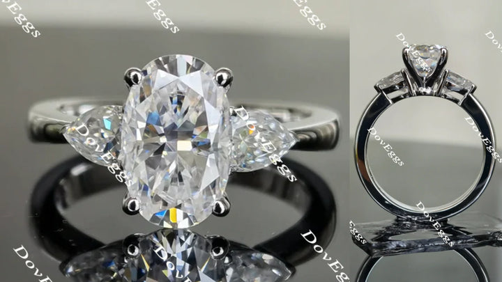 Oval three-stone moissanite engagement ring main view| Doveggs