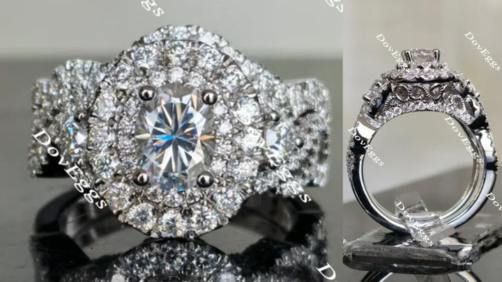 Oval halo pave moissanite bridal set(2 rings) main view| Doveggs